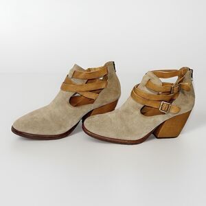 Kork-Ease Stina Strappy Ankle Boots Suede Bootie Taupe Brown Chunky Heel 8.5